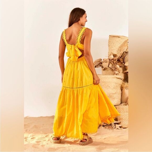 Farm Rio Yellow 3D Flowers Cotton Maxi Dress Crochet Embroidery Size M - Picture 2 of 13